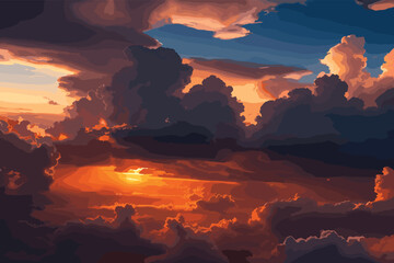 Anime background, manga scene of beautiful clouds hit my sunlight. Digital Illustration.