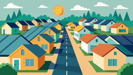 A suburban neighborhood with each house equipped with solar panel shingles blending seamlessly into the rooftops.