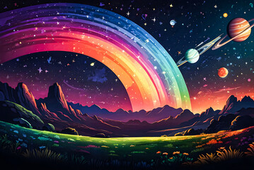 A vibrant rainbow is arching across a star-filled night sky, with planets and galaxies twinkling in the background vector art illustration image.
