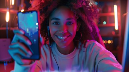 An adult african american woman is is making a selfie while smiling with a telephone behind a computer while gaming a high tech social media woman hyper realistic 