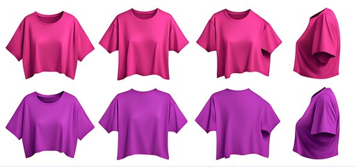 Set of purple pink woman loose cropped midriff tee t shirt round neck front back and side view	