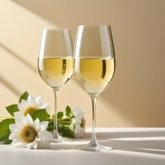 Two glasses of white wine, placed on a light beige background with shadows and fantastic highlights and reflecting bright sunlight in the daytime, a bouquet of flowers in a white vase
