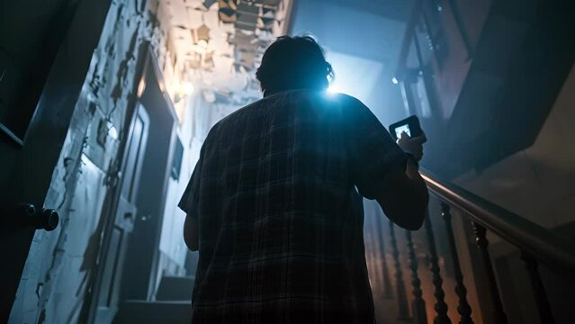 A man is walking down a dark stairwell with a cell phone in his hand. The image has a moody and suspenseful atmosphere, as the man is alone in the dimly lit space