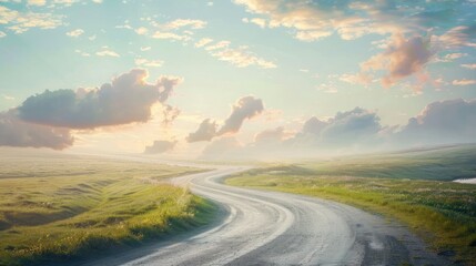An empty road with tire tracks with beautiful nature landscape of blue sky background. Generated AI