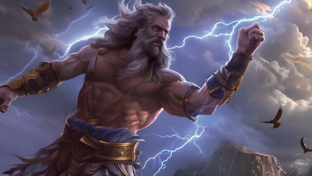 Zeus, the mythological god, brandishes lightning with Mount Olympus below and eagles circling in the stormy sky