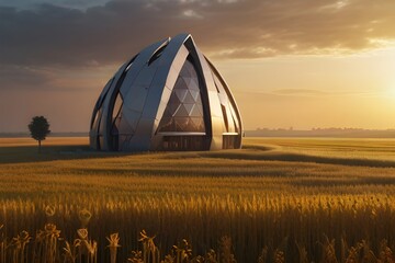 A futuristic house is situated in the middle of a wheat field. The sky is cloudy, and the sun is setting, casting a warm glow on the house.