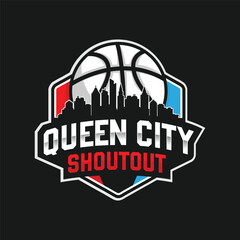 Badge style emblem with downtown queen city