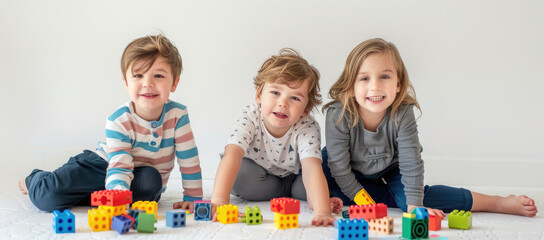Three children playing with wooden blocks, one sitting on the floor and two standing behind him isolated white background