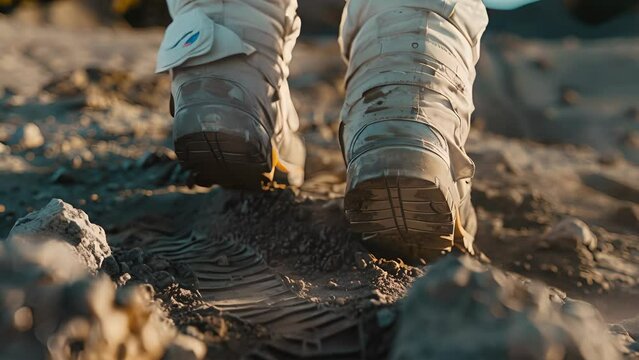 Astronaut boots tread heavily, creating footprints on the moon's dusty surface in a detailed moonwalk shot