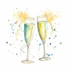 New Year champagne watercolor, sparkling New Year champagne watercolor