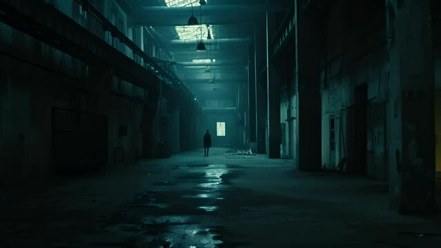 A man walks through a dark, empty hallway. Scene is eerie and unsettling