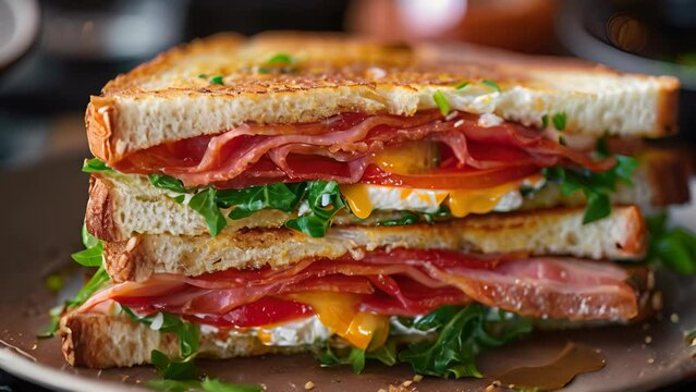 A sandwich with bacon, tomatoes, and spinach is cut in half and placed on a plate. The sandwich is served on a gray plate and is ready to be eaten