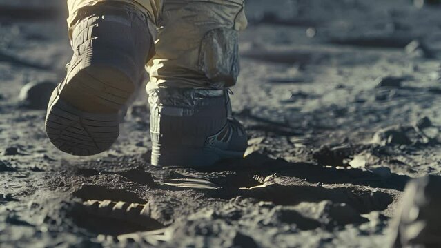 A person is walking on the moon. The person is wearing a yellow suit and has a pair of boots on. The boots are black and have a white stripe. The person is walking on the moon's surface