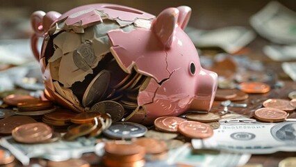 A pink piggy bank is shattered and has coins scattered around it. Concept of loss and disappointment, as the piggy bank, which was meant to hold money, is now broken and empty