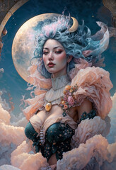 A mystical woman with flowing hair floats before a large full moon.