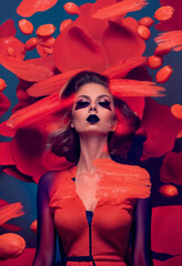 A glamorous model with bold makeup poses amid vibrant red brush strokes.