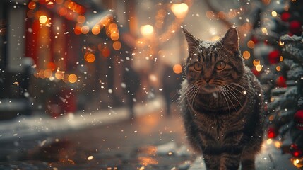 the adorable sight of a cute cat frolicking amidst the festive charm of London's Christmas streets, where snow blankets the ground and cinematic light creates an atmosphere of warmth and wonder - obrazy, fototapety, plakaty