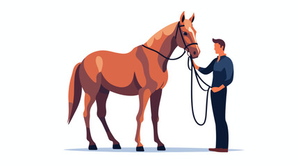 Person and horse. Man equestrian standing holding s