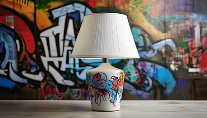 White Table Lamp Painted with Graffiti