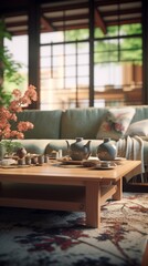 A Living Room Filled With Furniture and Flowers. Generative AI.