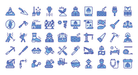 Labor Day Icons Bundle.Blue-color outline icons style. Vector illustration.