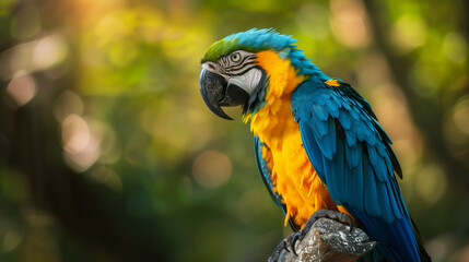 Vibrant close-up of a blue and yellow macaw parrot against a blurred green background. Generative AI