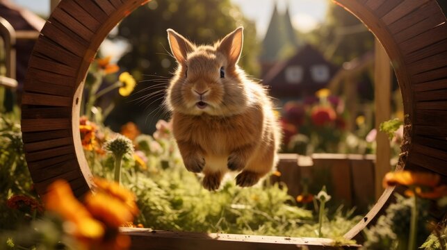 Adorable photo of a rabbit hopping through a miniature agility hoop, set in a vibrant, sunlit garden, showcasing training success
