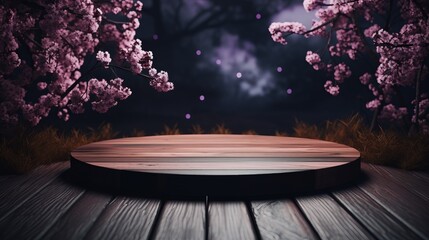 Wooden Circle podium With a Purple Flower. Generative AI.