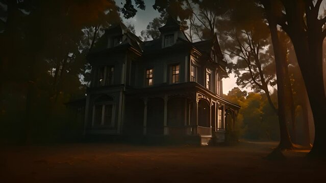 Creepy Abandoned House in Dark Woods Generative AI