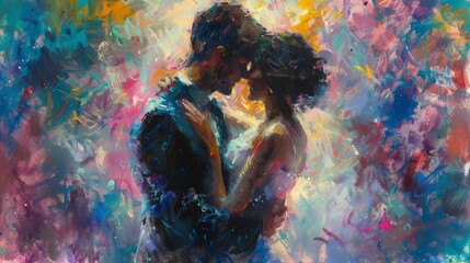 Capture a frontal view of two lovers embracing, using soft brush strokes and vibrant colors to evoke the essence of romance seen in classic Impressionist art