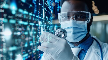 Doctor, man, stethoscope, overlay, hologram, big data analysis, graph, and night in clinic. African doctor, medical instruments, and holographic display for covid research at work