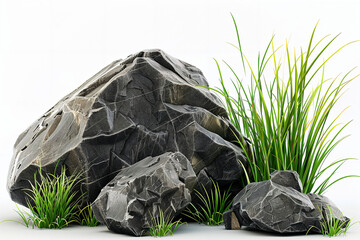 dark rocks with green grass, white background