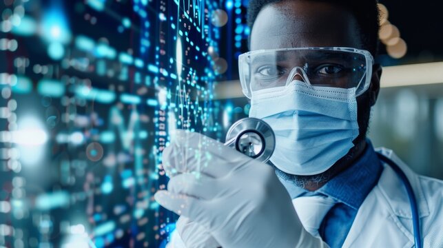 Doctor, man, stethoscope, overlay, hologram, big data analysis, graph, and night in clinic. African doctor, medical instruments, and holographic display for covid research at work