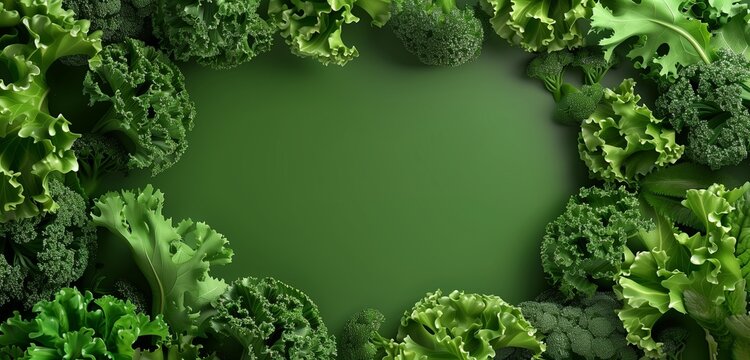 Creative layout made of kale, salad leaves, spinach, and ruccola on one corner of a green background with copy space for text.