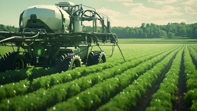Automated farming machinery at work in a field, showcasing green technology's role in the digital economy's advancement. - Powered by Adobe