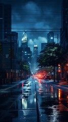 A Wet City Street at Night With Buildings Lit Up. Generative AI.