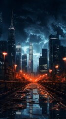 Fototapeta na wymiar A Wet City Street at Night With Buildings Lit Up. Generative AI.