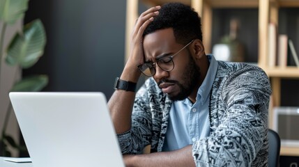 Stress, remote work, and a cafe patron with a headache, eye discomfort, weariness, or brain fog. Business, burnout, or man freelancer at coffee shop with vertigo, migraine, or 404 error frustration