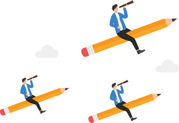 Planning leader business concept as a business group on a giant pencil with a harness guiding a group of followers


