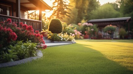 Beautiful Lawn With Flower Garden and House in the Background. Generative AI. - obrazy, fototapety, plakaty