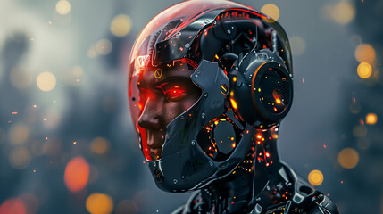 Futuristic robot with glowing red lights and detailed mechanical design.  Generative AI