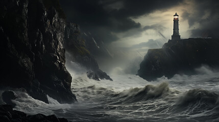 Stormy ocean with rock cliffs and light house