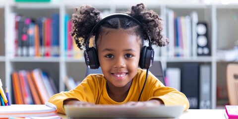 Computer, headphones, and child listening in virtual class for e-learning, language translation, or homeschooling. Happy youngster on audio technology, laptop, and online English learning.