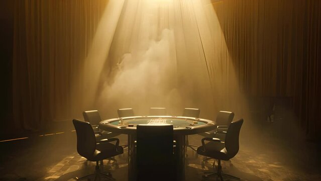 High stakes poker table enveloped in a mesmerizing haze, with dramatic lighting setting the mood for a tense game