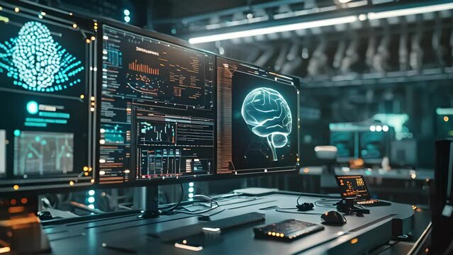 A computer monitor displays a brain with a glowing outline. Concept of technology and innovation, as well as the importance of understanding the human brain