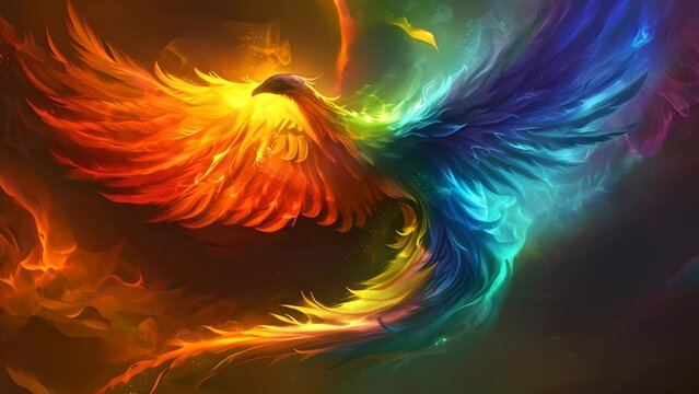 Rainbow phoenix rises majestically from flames, its vibrant colors blazing against a dark, ominous backdrop.