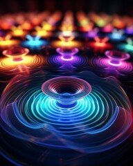 Close-up of colorful cymatics patterns in hyper-realistic style, vibrant sound waves, ambient light, direct view, rainbow hues, 3D render animation style