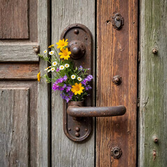 An old rustic door handle made of rusty metal with a small bunch of fresh wildflowers - 799091112