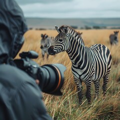 Fototapeta premium Zebra Herd Observed During Safari Adventure in Grasslands Landscape