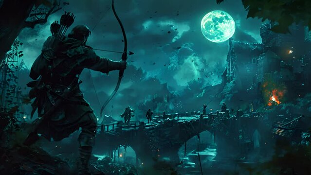 Robin Hood stands poised for a moonlit duel on a Sherwood bridge, arrow nocked and aimed at an encroaching adversary in a dramatic standoff